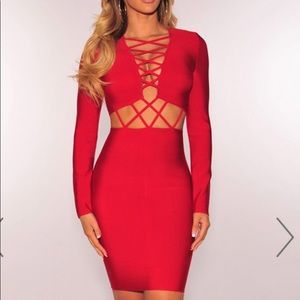 Red Crisscross Cut Out Bandage Dress